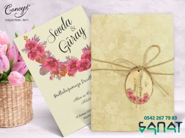 Çiçekli Hasır İpli Davetiye
